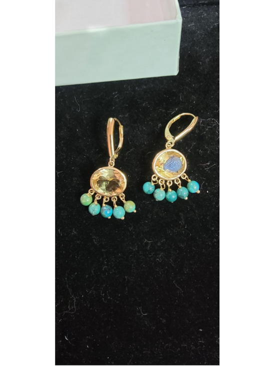 ZB Jewelry - ZB DESIGNER 14K YELLOW GOLD OVAL CITRINE & TURQUOISE DANGLE EARRINGS 56